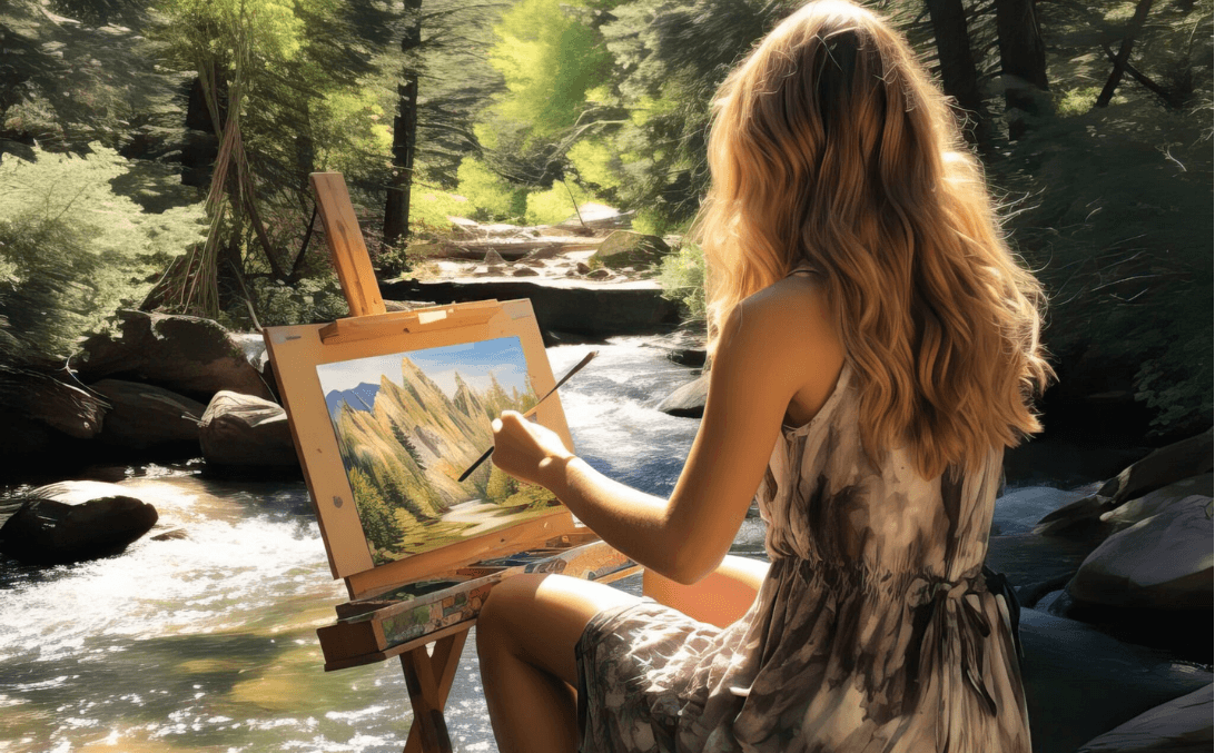 A woman seated at an easel