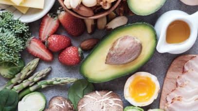 Fruits, vegetables and oils representing a balanced diet